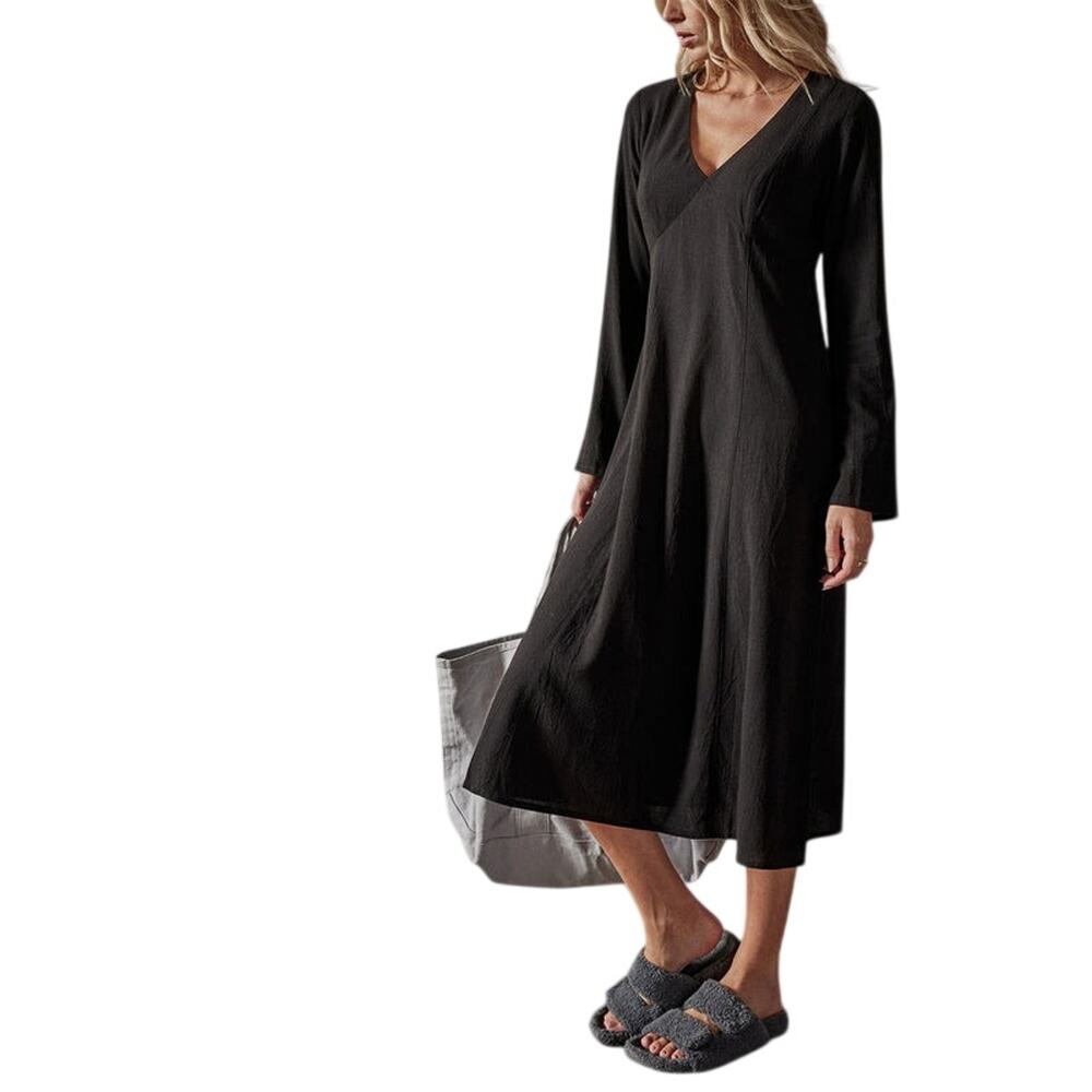 STANDARD JAMES PERSE Viscose Linen Black Midi Contour Dress Minimalist Sz XS NWT